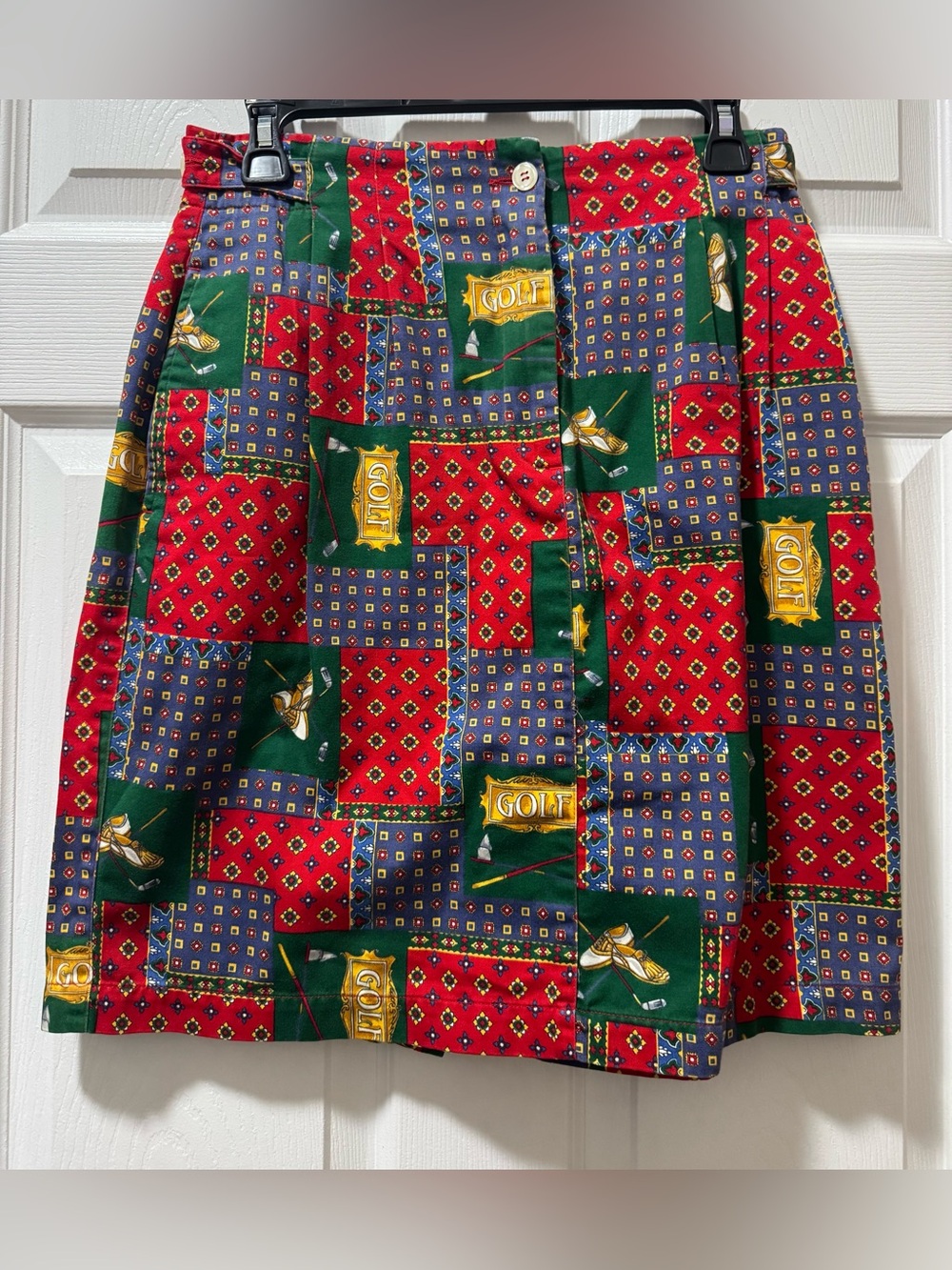 Vintage Patchwork Golf-Print A-Line Skirt - Red/Green/Blue
